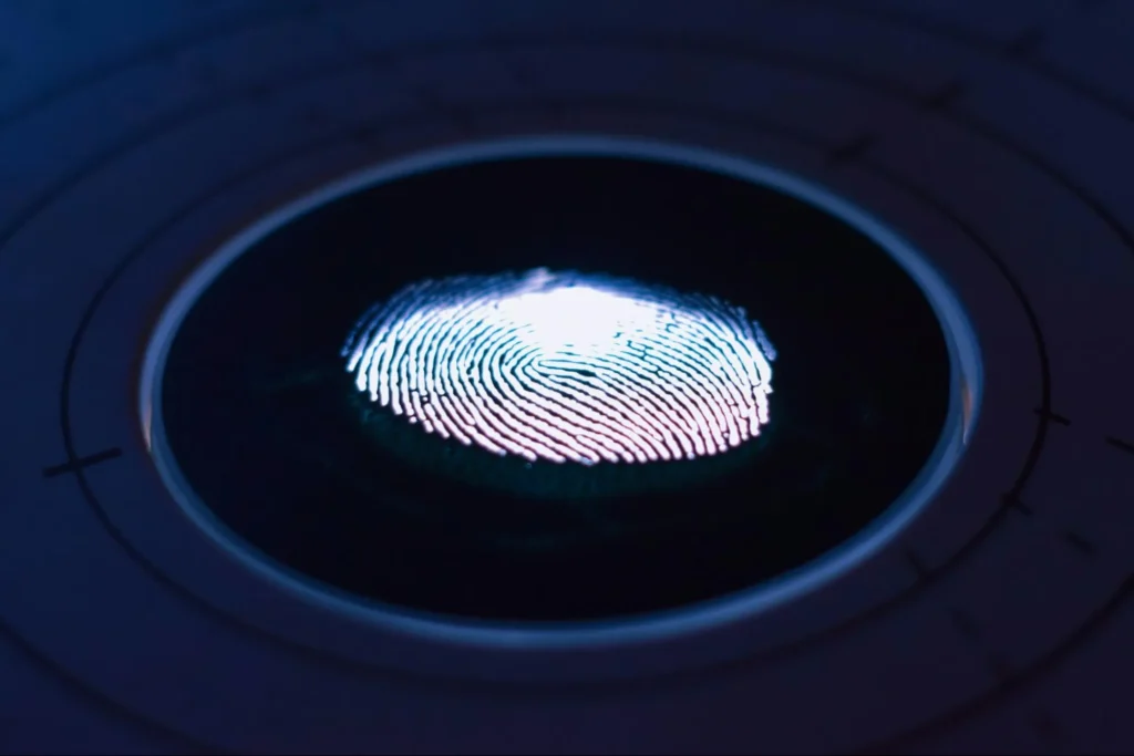 A fingerprint used as a biometric security measure on a smartphone.