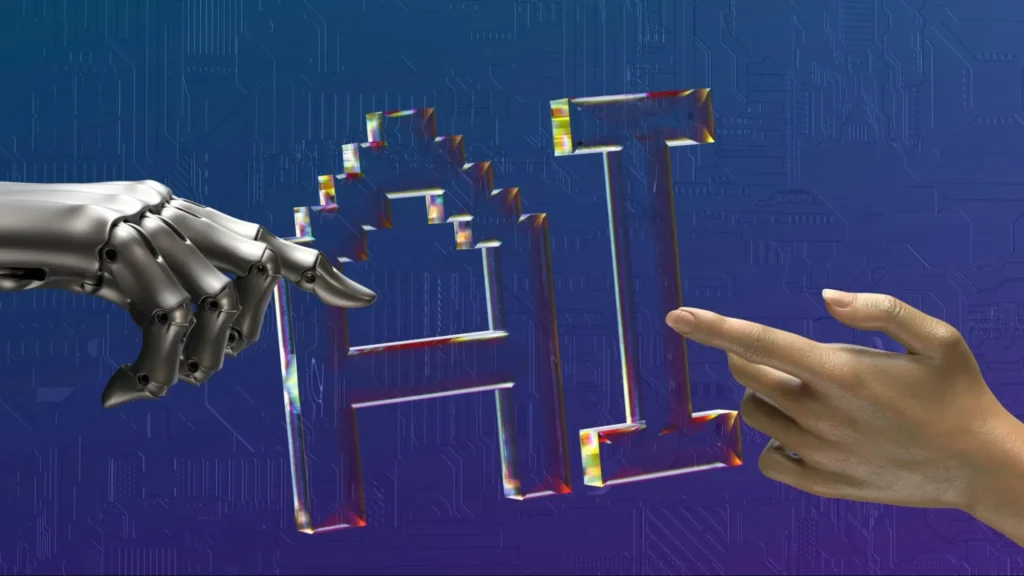 Human and AI “hands” connecting, representing the use of AI in merchant accounts.