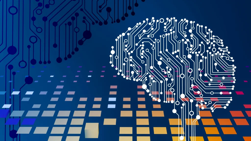 A human brain on a computer circuit board, representing neuromorphic computing.
