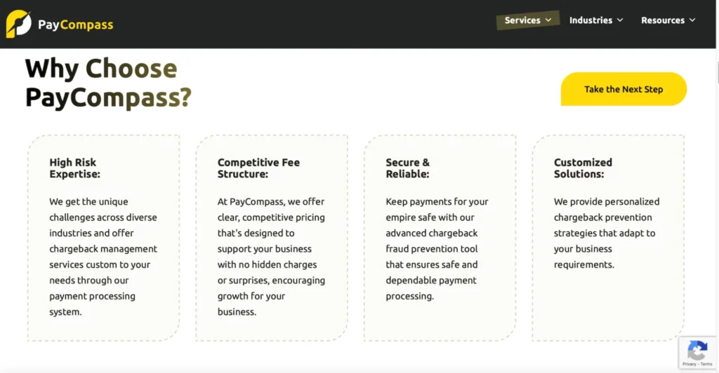 Screenshot of PayCompass’ offerings, including chargeback prevention.